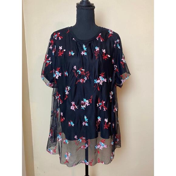 black mesh overlay womens blouse shirt plus size xl 1x embroidered shirt - Picture 1 of 3